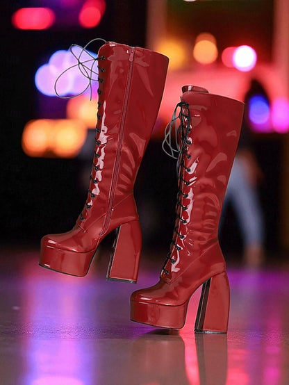 Silver Knee - Boots Platform Women's Metallic High Lace-Up