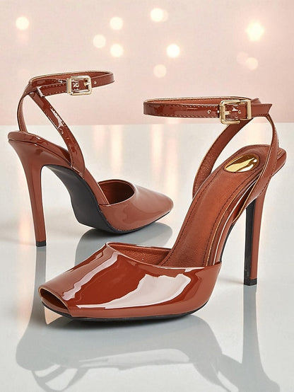 Heels Women's Peep Patent Leather Toe Green Dark High -