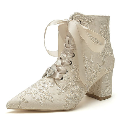 Bridal Women's – Booties Embroidered Lace-Up Floral White