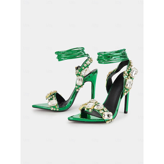 Green Stiletto Women's Heels Metallic Lace-Up with