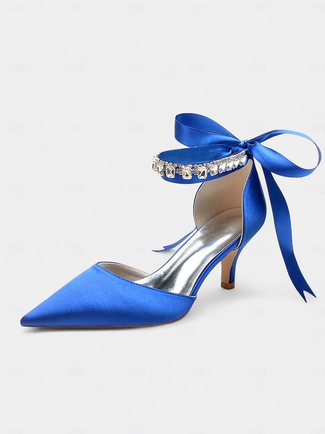 Ankle Pointed-Kitten Rhinestone Heels Strap Blue with Satin and