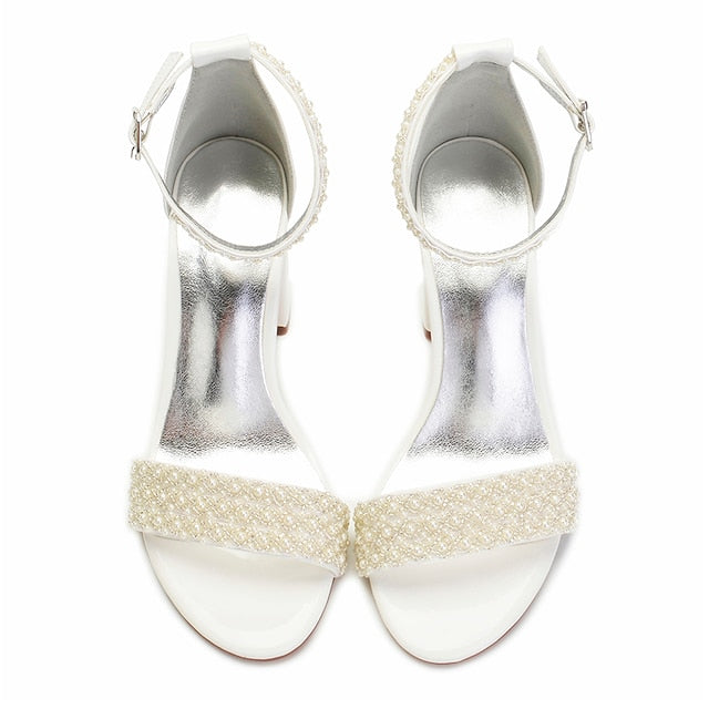 Pearl Strap White Embellished Ankle Ivory Women's Block
