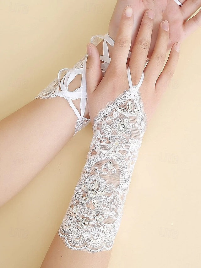Gloves Wedding with Lace Pearls Elegant Bridal – Accessories