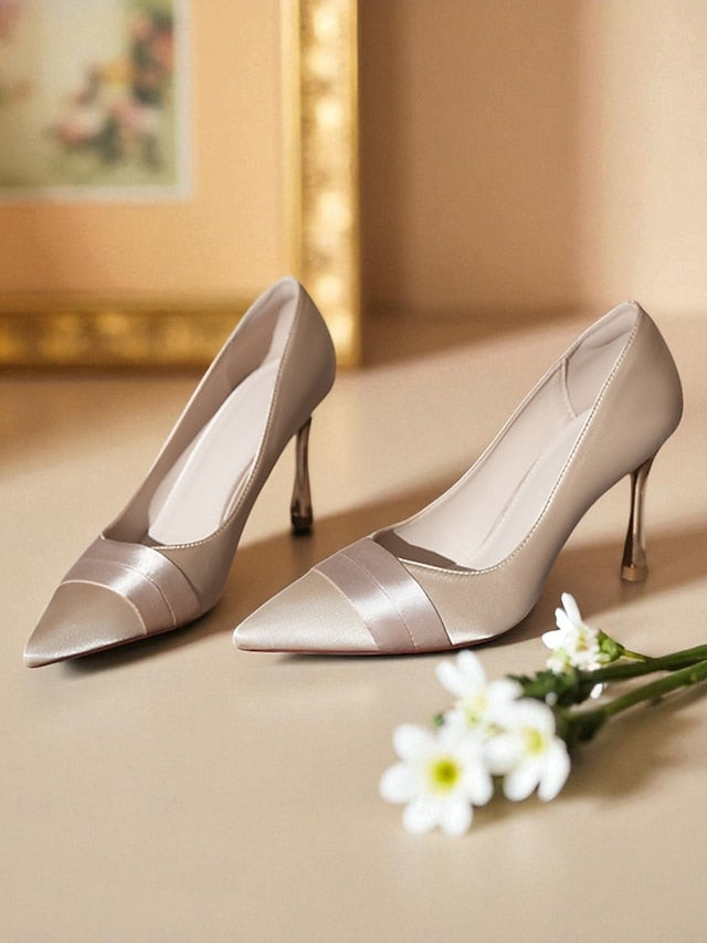 Heel High Pumps - Women's Pointed Toe Champagne Satin