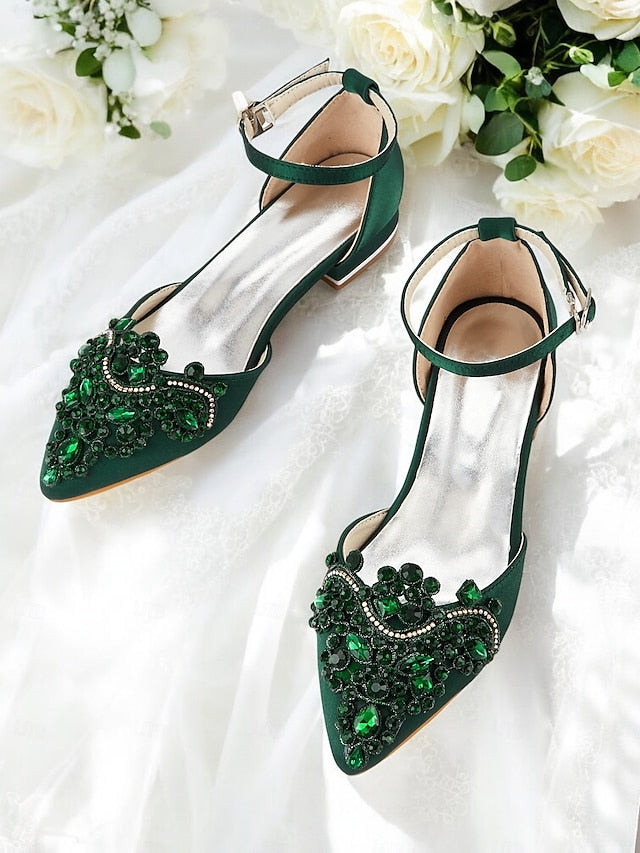Style Flats Green Vintage Pointed-Toe Gemstone Embellished –