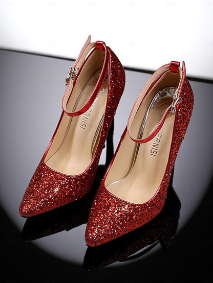 Women's Glitter Stiletto Toe Sparkly Pointed Gold Heels –