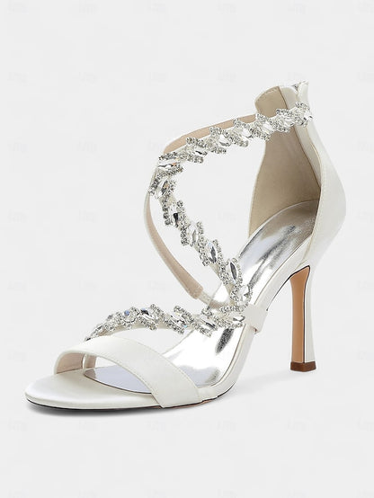 - Heel Strappy Sandals White Rhinestone Women's High