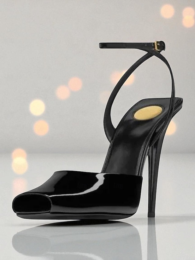 Heels Women's Peep Patent Leather Toe Green Dark High -