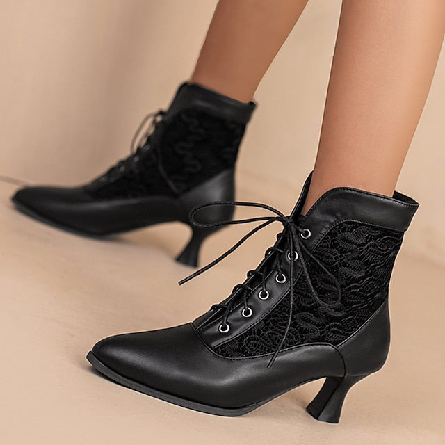 Panels Lace-Up Boots Ankle Women's White with Embroidered