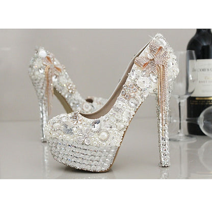 White Women's Embellished Rhinestone and Platform Pearl