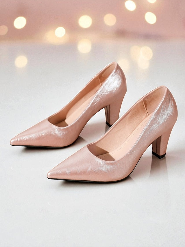- Pointed Toe Party Women's Heel Block Pumps Nude Glossy