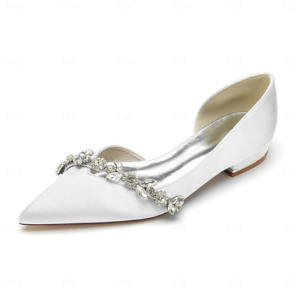 Shoes Pointed with Toe Crystal Wedding Satin Flat and White