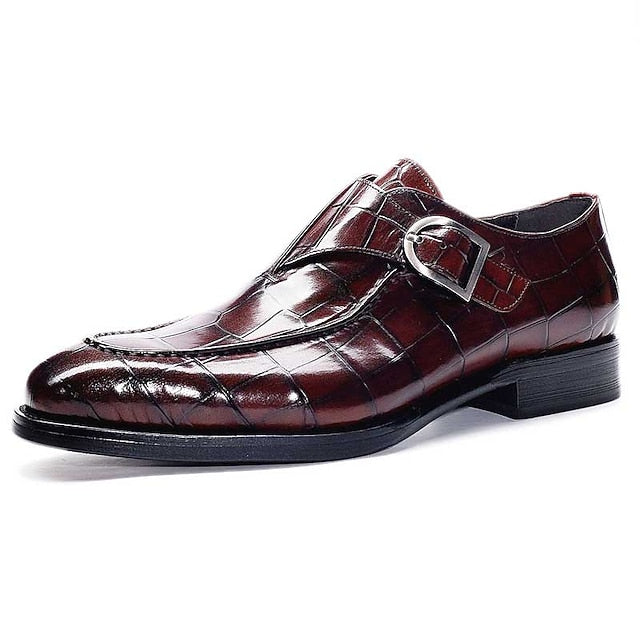 Crocodile Leather Burgundy Men's Strap Monk Faux Pattern