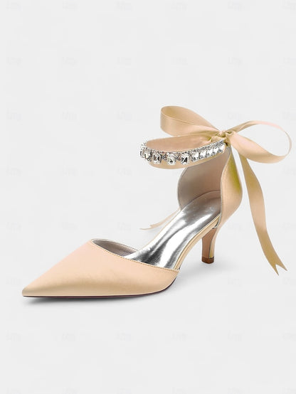 Ankle Rhinestone and Pointed-Kitten Strap with Heels Satin Blue