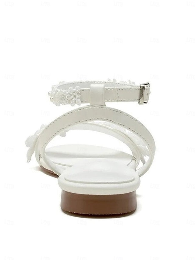 Floral Open-Toe Flats Sandals Block Ankle Lace Straps White with