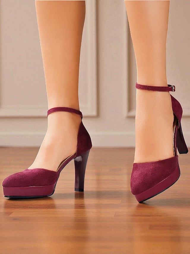 Strap Platform Suede Ankle Burgundy High Heel 1950s Women's
