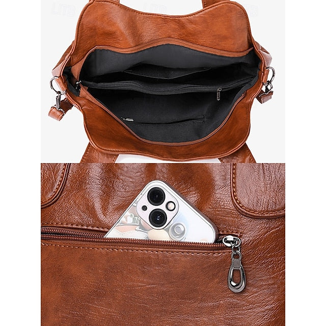 Brown Faux Bag Women's Leather Tote with Vintage Dual