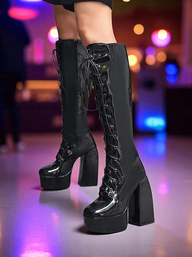 Silver Knee - Boots Platform Women's Metallic High Lace-Up