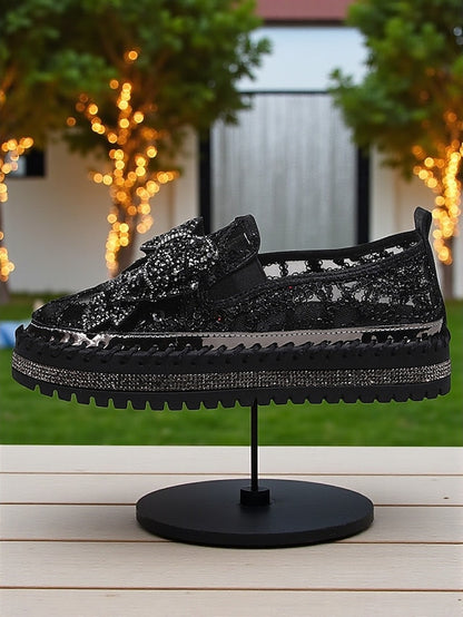 Slip-On Lace Black Shoes Women's with Bow Rhinestone