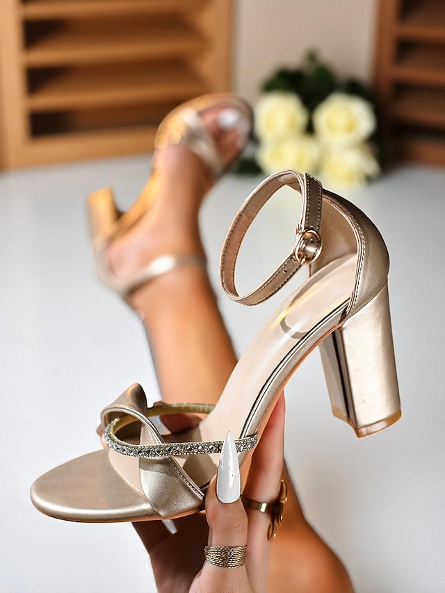 Strap - PU Sandals Ankle Gold Block Heel Women's Open-Toe