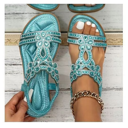 Rhinestone – Flat Boho Silver Sandals Women's T-Strap