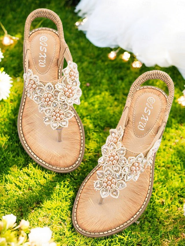 Comfortable Beaded Floral with Design Flat Slip-Ons