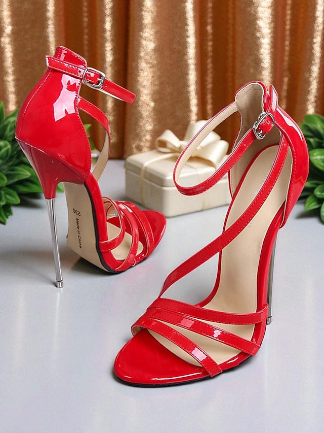 Strappy Heels Red High Stiletto - Women's PU Patent Sandals