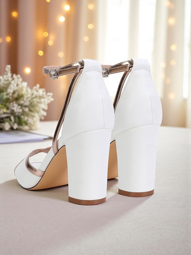 with Strap Ankle Metallic Women's Block White Sandals Heel