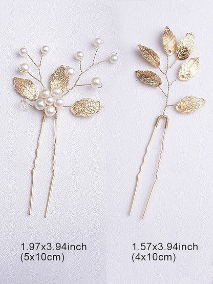 with Faux Pearls Accessory and Bridal Gold Silver Set Hair Leaf