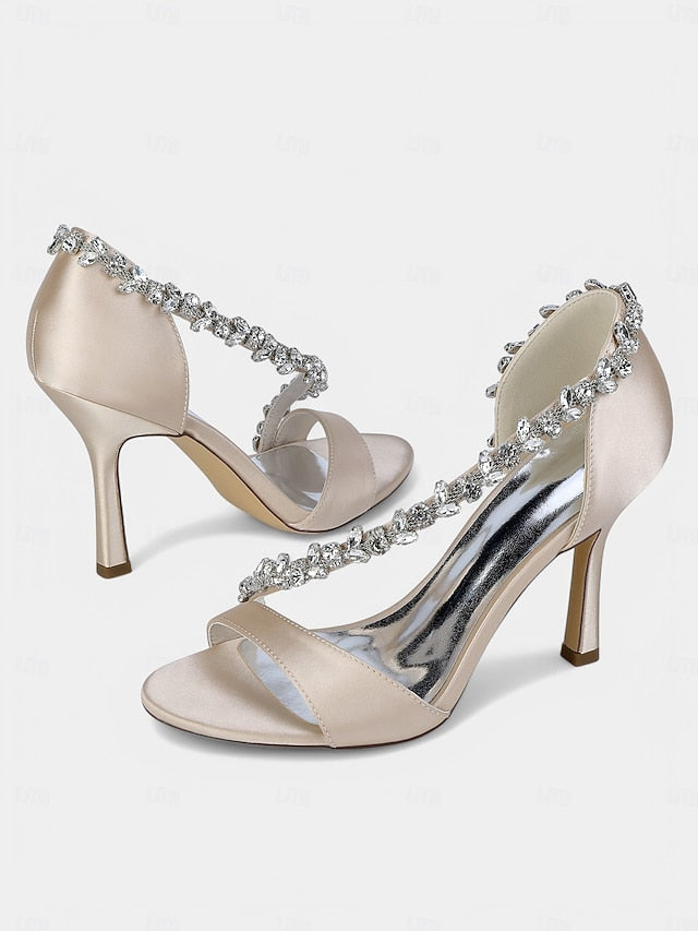 with High T-Strap Champagne Crystal – Women's Heels Satin