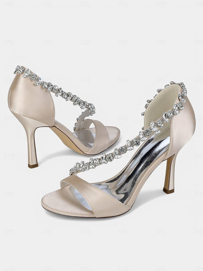 with High T-Strap Champagne Crystal – Women's Heels Satin