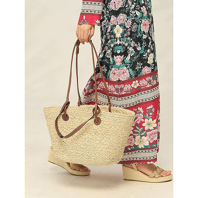 Chic Large Bag Straw Tote with Straps Women's Leather Boho