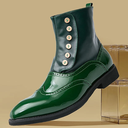 Button Wingtip Green Boots Stylish - Men's Leather Vintage