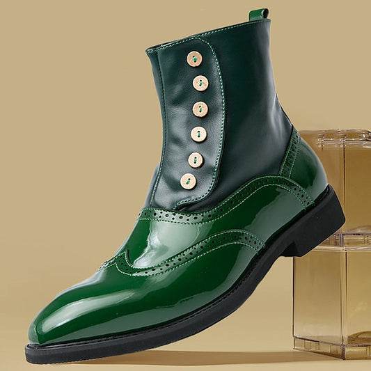Button Wingtip Green Boots Stylish - Men's Leather Vintage