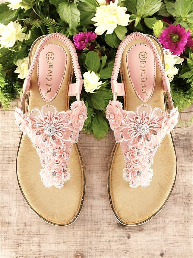 Women's Floral Sandals Pink T-Strap – Lace Embellished