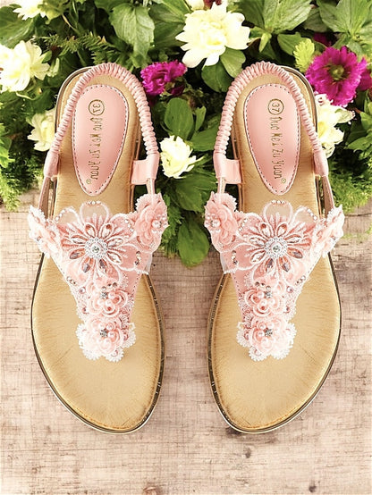 Women's Floral Sandals Pink T-Strap – Lace Embellished