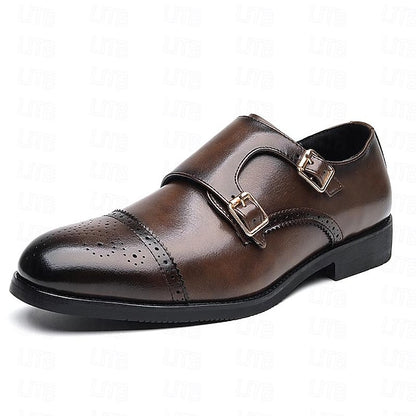 Monk Brown Double with Strap Shoes Men's Leather Faux