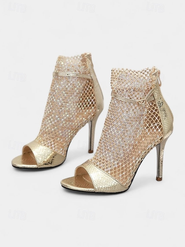 Gold – Sandals Glitter Mesh Open-Toe Stiletto Women's