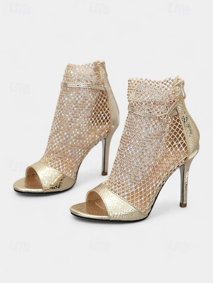 Gold – Sandals Glitter Mesh Open-Toe Stiletto Women's