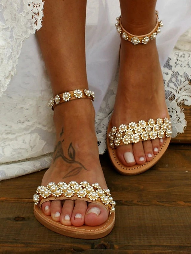Flat with Straps Beaded Ankle Boho Chic Floral for Sandals