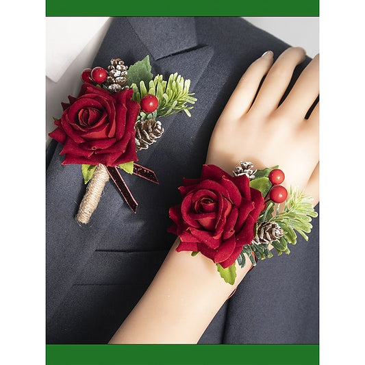 Boutonniere Red Women's Set Corsage Christmas Rose and