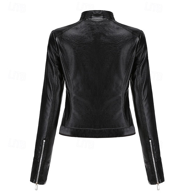 Women's Jacket Zipper Leather Faux Pocket Comfortable