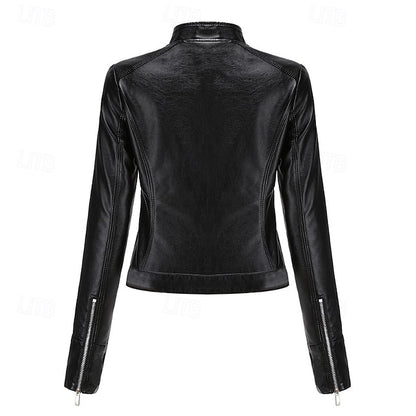 Women's Jacket Zipper Leather Faux Pocket Comfortable