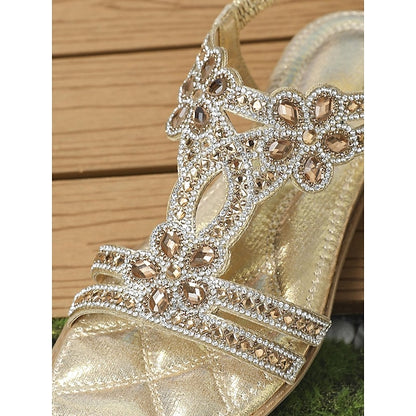Rhinestone – Flat Boho Silver Sandals Women's T-Strap