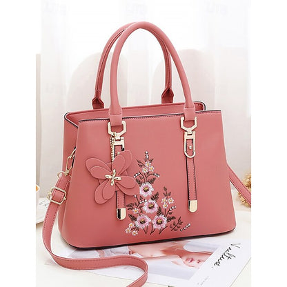 Faux Women's Handbag Embroidery Floral with Leather Green