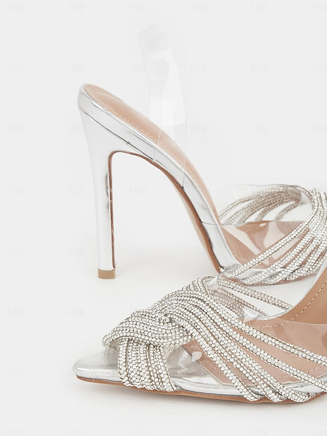 Silver with – Sandals Stiletto Straps Rhinestone Transparent