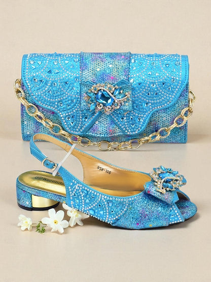 Gold Slingback and Heels Matching Rhinestone Women's Clutch