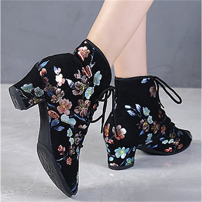 Floral for – Low Comfortable Shoes Lace-up Women Dance Black