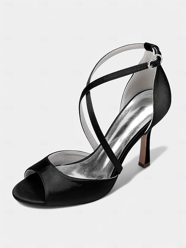 Cross-Strap Satin Peep-Toe Heels Elegant Women's White –