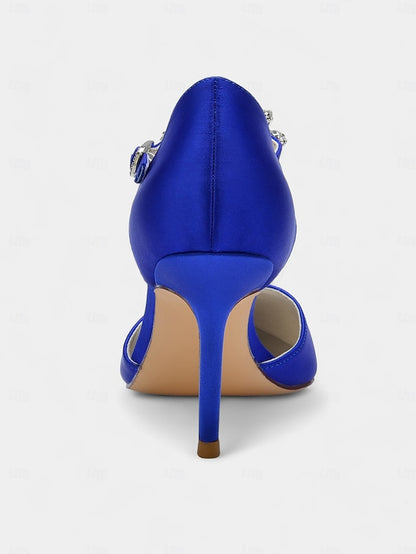 Navy Women's Heels Toe – Blue T-Strap Pointed Satin
